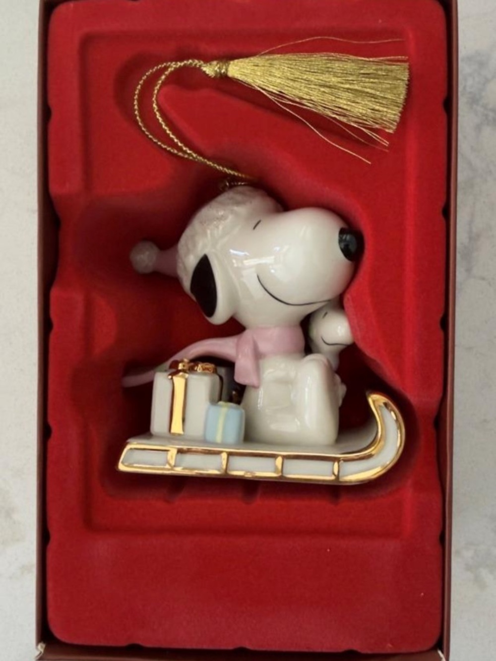 Lenox Peanuts “Snoopy’s Sledding Adventure” Porcelain Figurine Xmas Ornament NIB